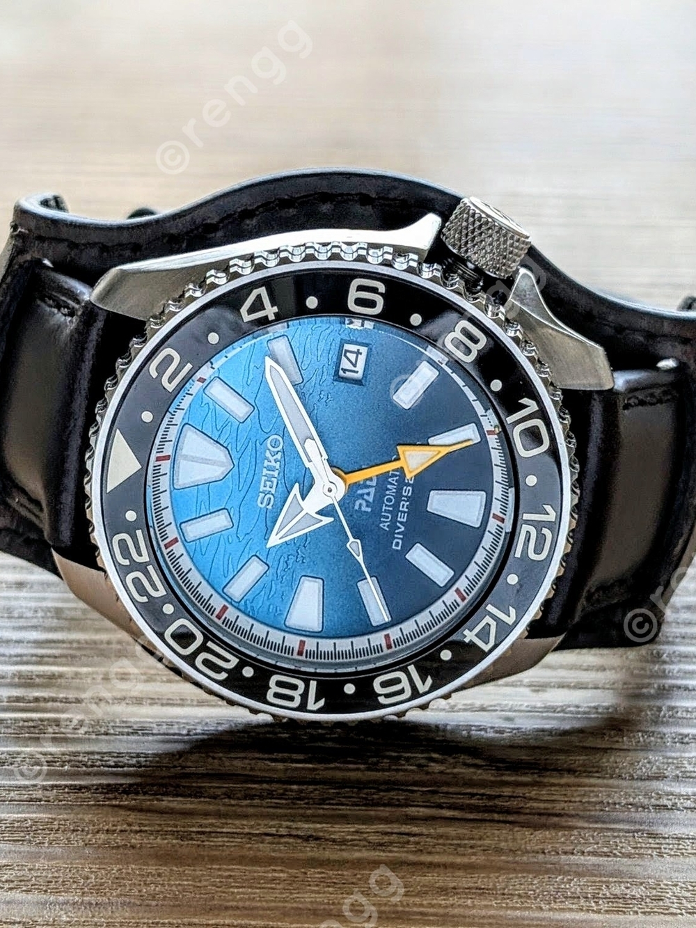 Seiko Automatic GMT Diver's Mod Watch Blue Sea 24jewels 42mm Steampunk Leather